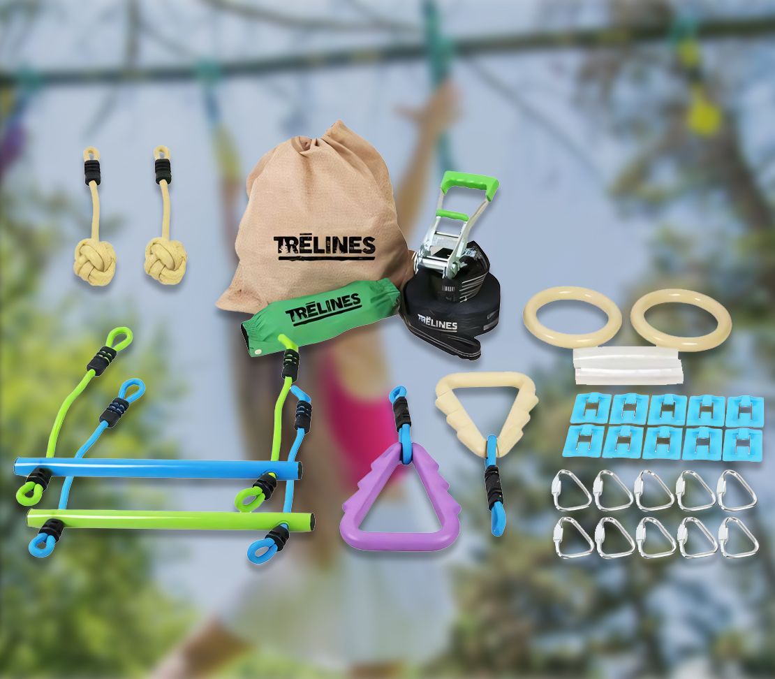 Ensemble complet d'accessoires du kit Ninja Adventure Trelines avec sac de rangement.