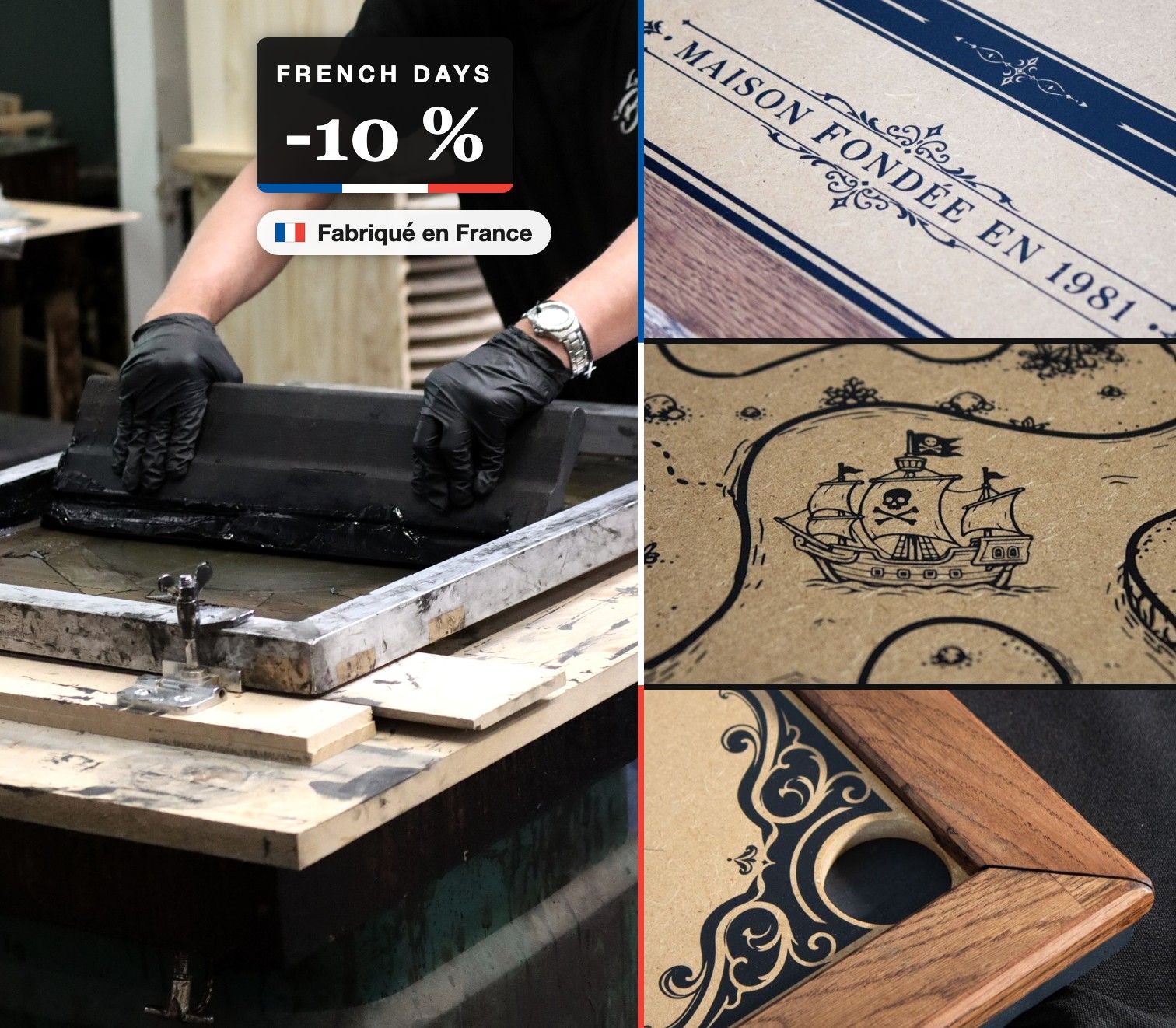 Sérigraphie à la main d'un plateau de jeu dans l'atelier de La Maison du Billard, détails du carrom et de l'Equisland 2026