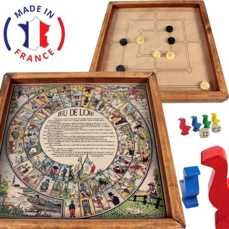 Jeu de l'oie français en bois, plateau illustré style 1900