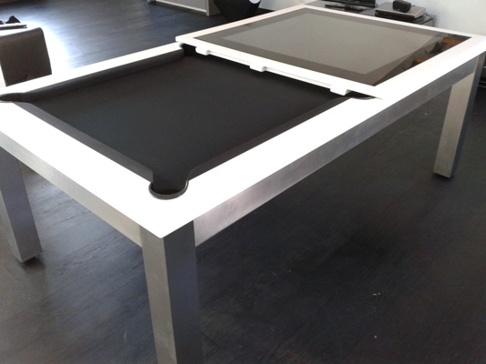 billard Steel Tendance Inox brossé, tapis noir et plateau table verre